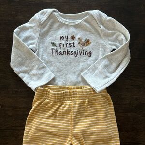 Baby’s First Thanksgiving Two Piece Long Sleeve Striped Pant Set Turkey Applique